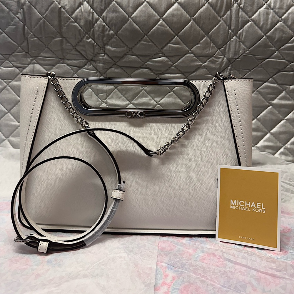 NWT Michael Kors Convertible Clutch Bag in Optic White & chain link strap